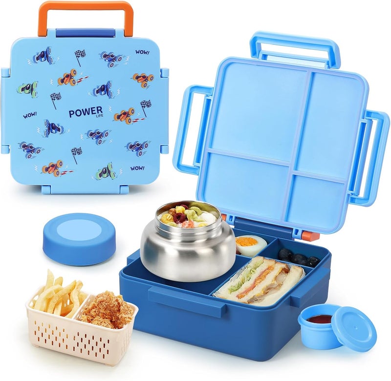 Norxely Bento Box for Kids with Thermos, [Large Capacity] Insulated Kids Lunch Box with 4 Compartment for Ages 3+, Drop-Proof & Dishwasher Safe Lunchbox Container Blue - Image 1